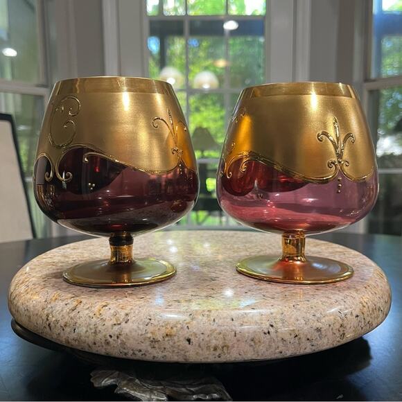 Bohemian Czech Vintage Tre Fuochi Hand Painted Crystal Gold Gilt Brandy Snifter - Picture 10 of 16